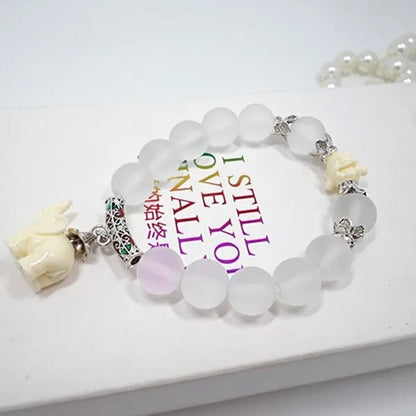 Elephant Frosted White Quartz Crystal Bead Bracelet Buddhism Elephant Pendant