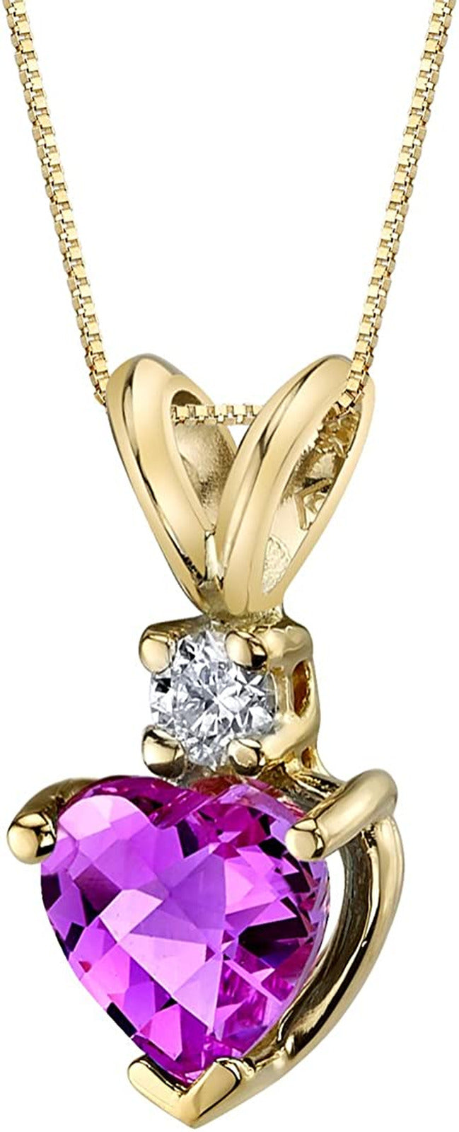 Created Pink Sapphire with Genuine Diamond Pendant in 14 Karat Yellow Gold, Hear
