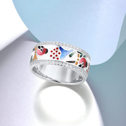 925 Sterling Silver Handmade Colorful Enamel Bird Patterrn Ring
