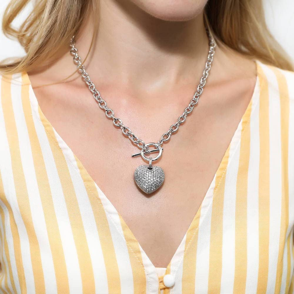 Heart Cubic Zirconia CZ Toggle Anniversary Pendant Necklace for Women, Silver-To