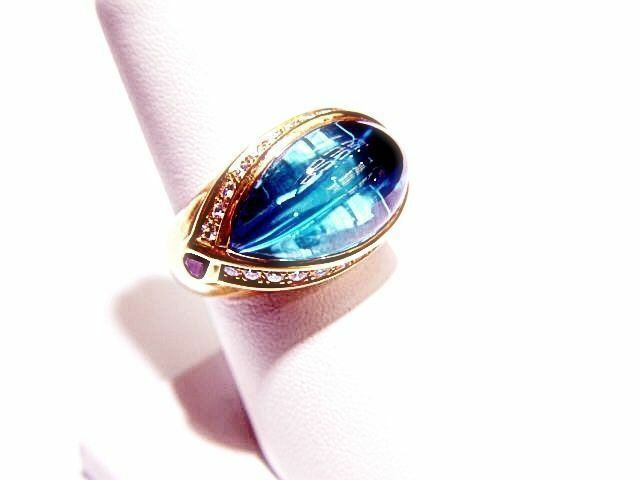 BLUE TOPAZ CABOCHON 12.30 CT ROUND BRILLIANT CUT DIAMOND .48 CT 2 RUBIES .20 CT