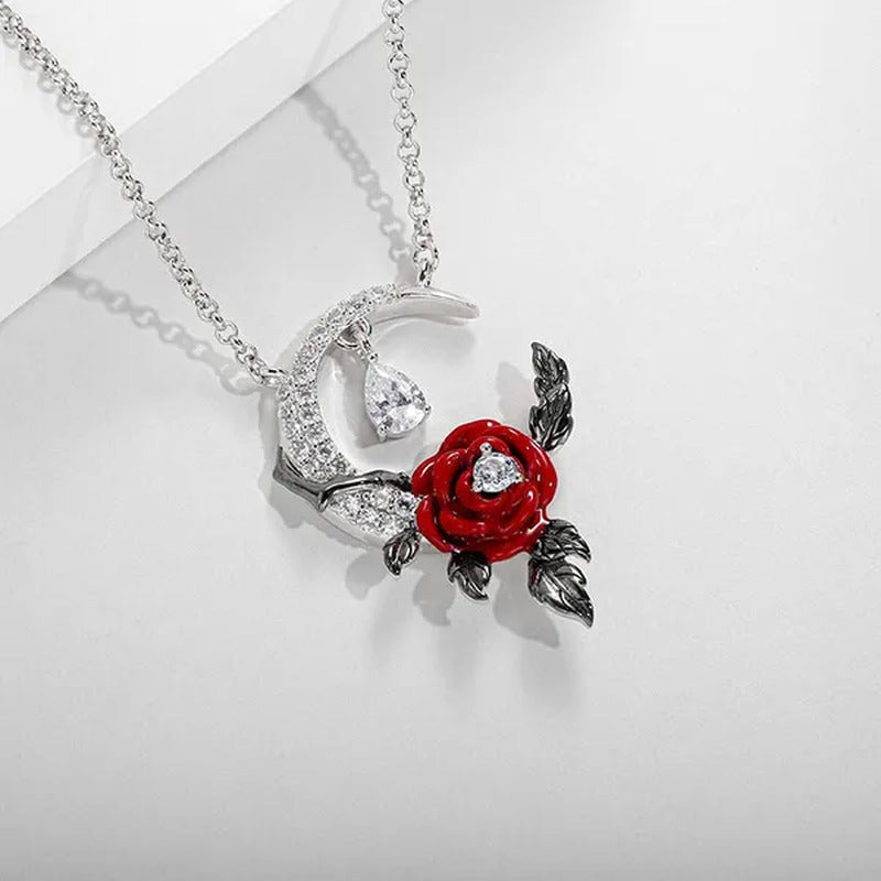 Creative Exquisite Crescent Pendant Rose Necklace 925 Sterling Silver Necklace F