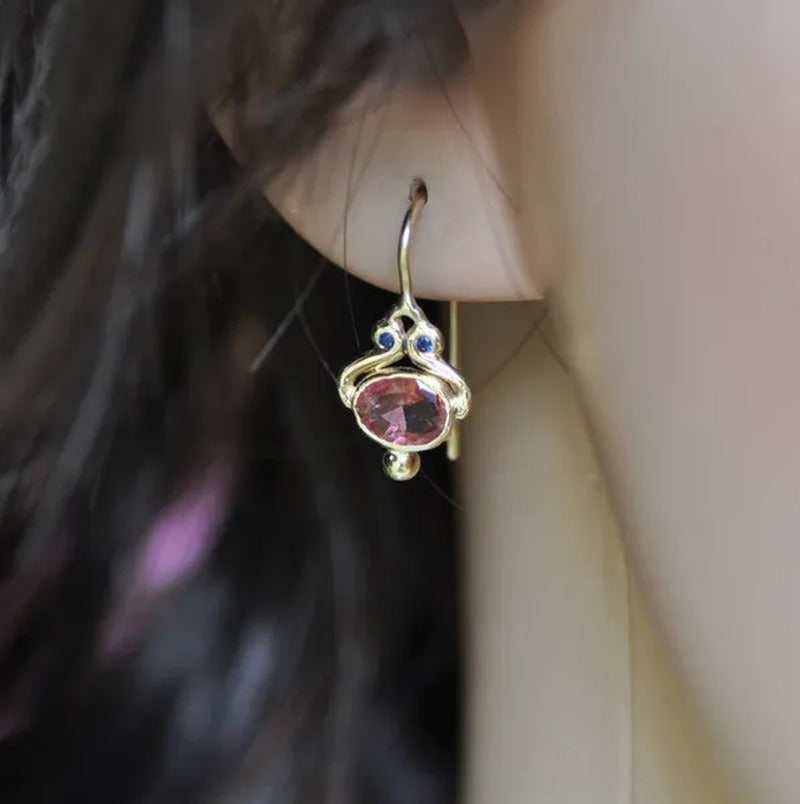 Unique 14K Blue Sapphire Oval Pink Tourmaline Gemstone Dangle Hook Earrings Wome