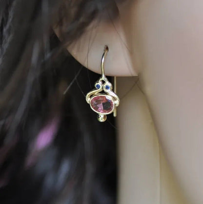 Unique 14K Blue Sapphire Oval Pink Tourmaline Gemstone Dangle Hook Earrings Wome