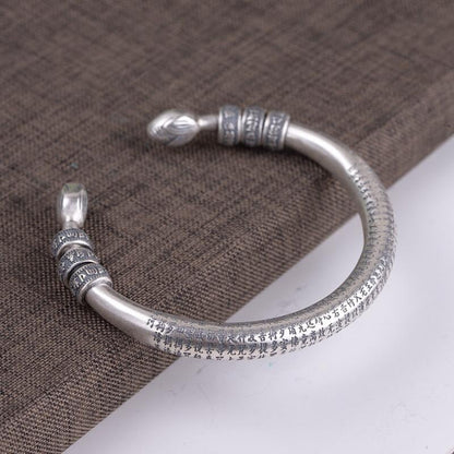 990 Sterling Silver Tibetan Six Words Mantra Bangle for Men and Women Buddhist H