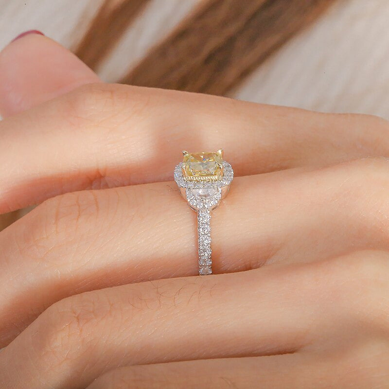 Fancy Yellow Moissanite Cushion Cut Engagement Ring 0.7Ct 5X6Mm for Women Real