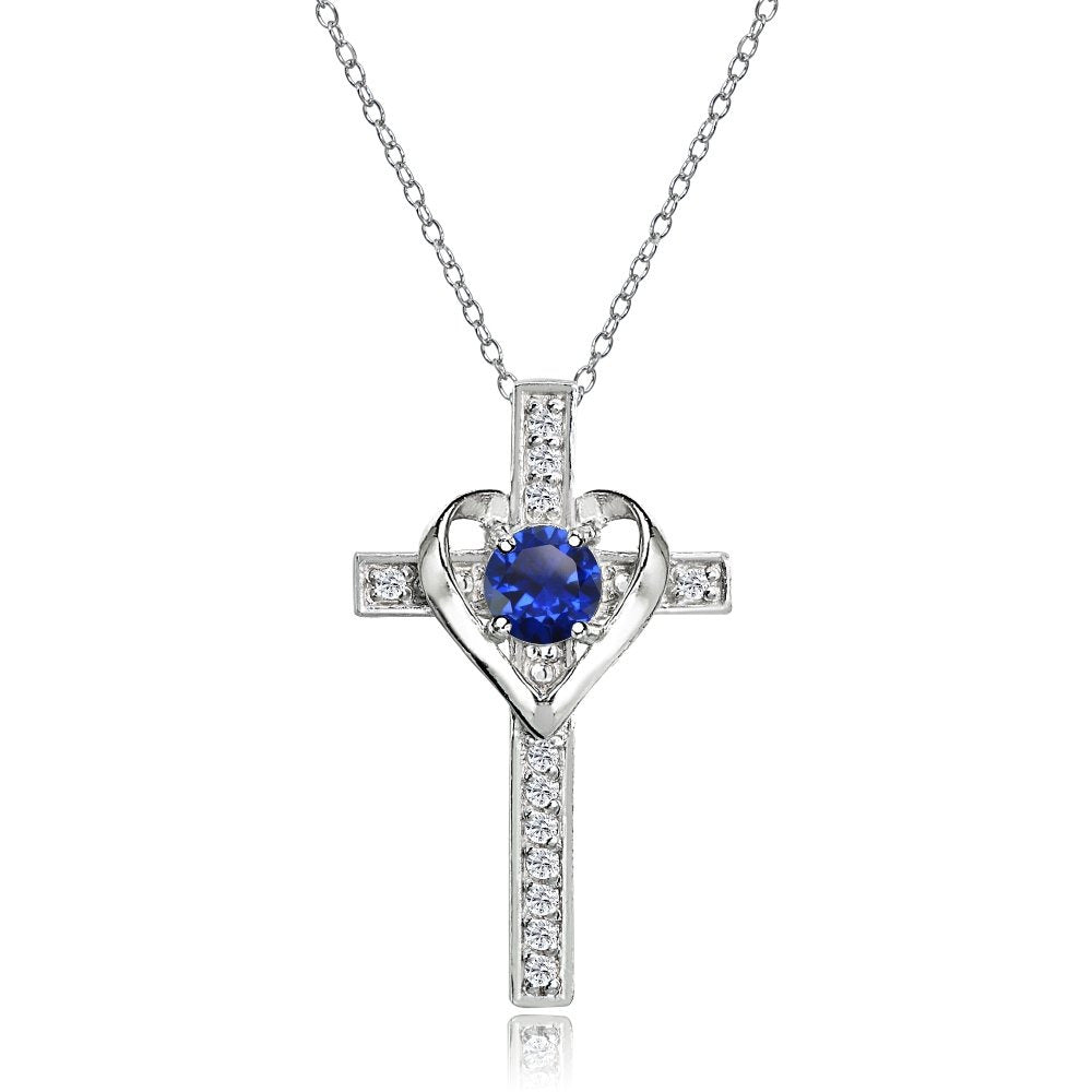 Sterling Silver Created Blue Sapphire and White Topaz Heart Cross Birthstone Pen