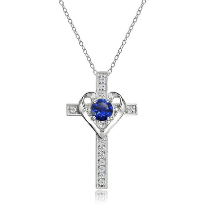 Sterling Silver Created Blue Sapphire and White Topaz Heart Cross Birthstone Pen