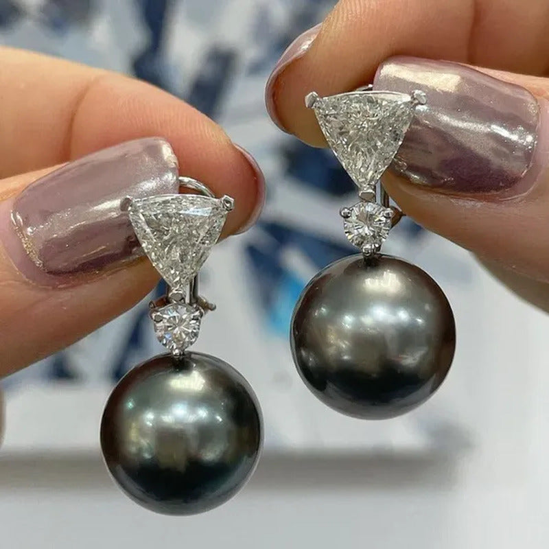 Retro Pearl Drop Earring 925 Sterling Silver 3 Prong Setting Triangle White Sapp