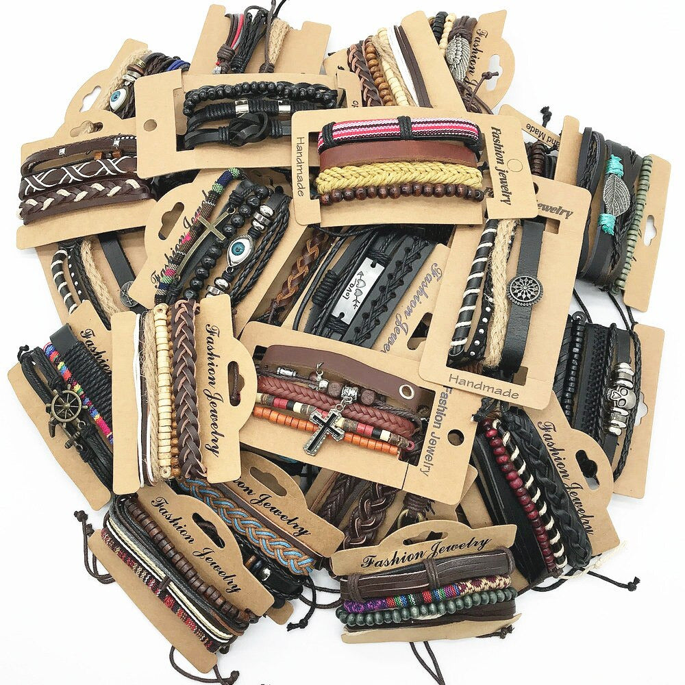 Wholesale 50Sets/Lot Wrap Leather Wood Beads Charm Adjustable Men'S Bracelets