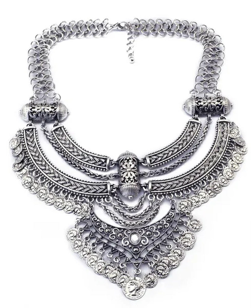 Vintage Silver Gold Chains Fine Jewelry Coins Tassel Choker Necklace Women Big F