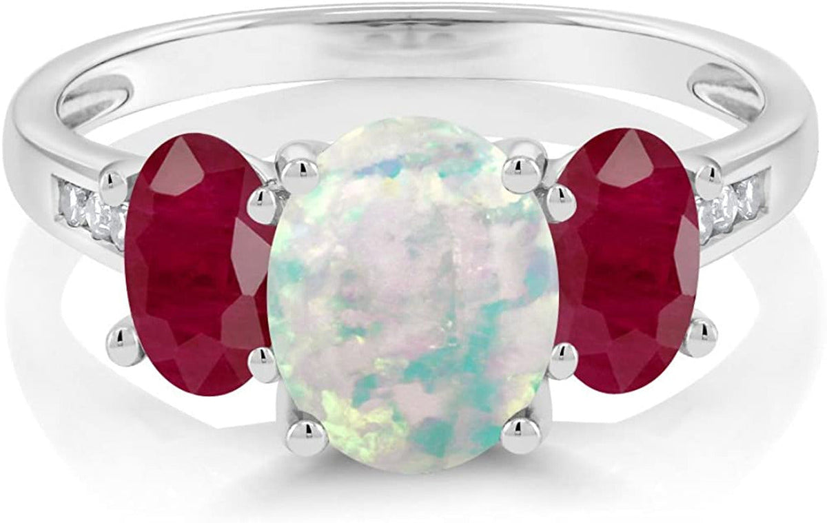 10K White Gold Diamond Accent Oval Cabochon White Simulated Opal Red Ruby 3-Ston
