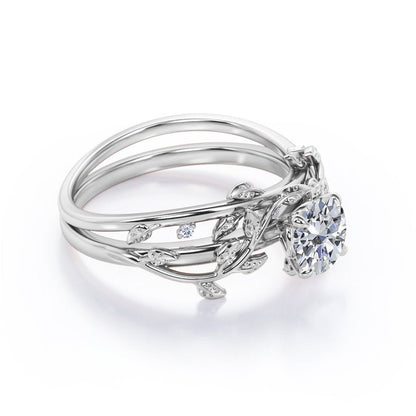 Half Carat round Real Diamond Bridal Set - Leaf and Vine Diamond Wedding Ring Se