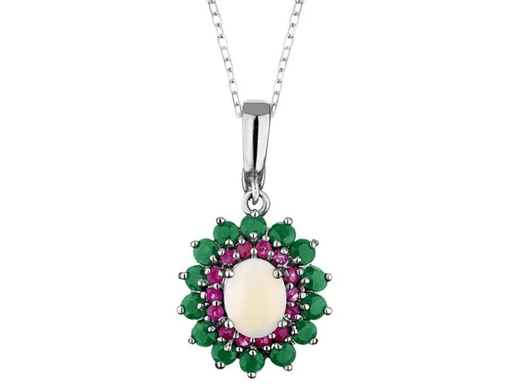 Emerald, Created Ruby and Created Opal Pendant Necklace 3.45 Carats (Ctw) in Ste