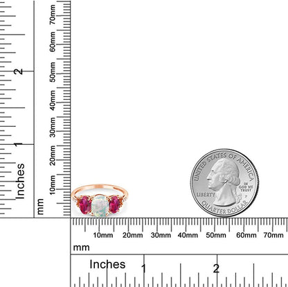 10K Rose Gold Cabochon Simulated Opal Created Ruby and Diamond Accent Women Ring