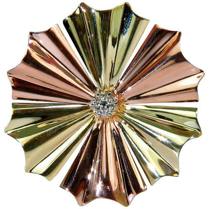 3D 14KT .30Ct DIAMOND 1970'S SUNBURST BROOCH PIN