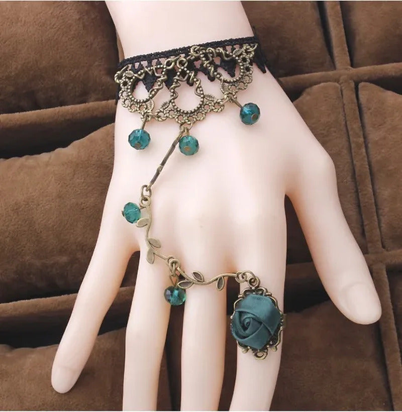 Victorian Style Black Lace Floral Rose Flower Link Chain Slave Bracelet Ring Set