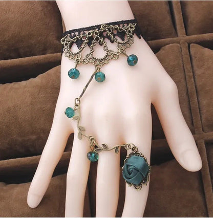 Victorian Style Black Lace Floral Rose Flower Link Chain Slave Bracelet Ring Set