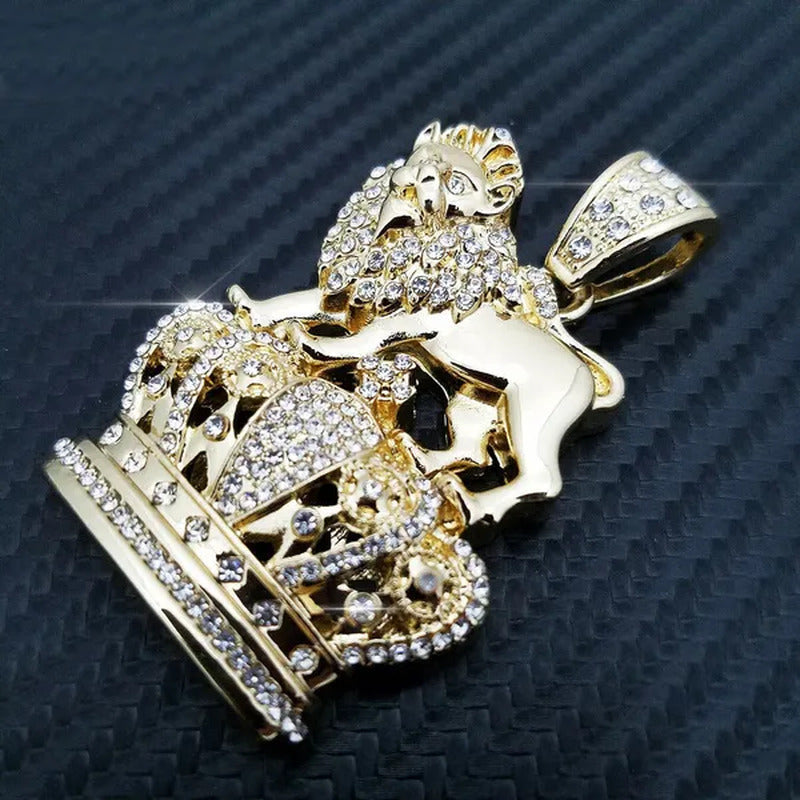 Full Iced Hip Hop Rapper'S Lion King Crown Fashion Pendant & 5Mm 30" Rope Chain