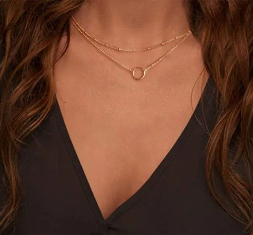 Layered Necklace Pendant Handcrafted 18K Gold Plated Delicate Circle Gold Neckla