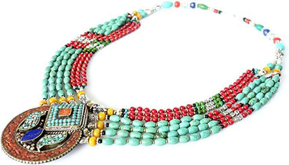 Tibetan Multi Strand Handmade Necklace Turquoise Coral Amber Lapis Lazuli Gemsto