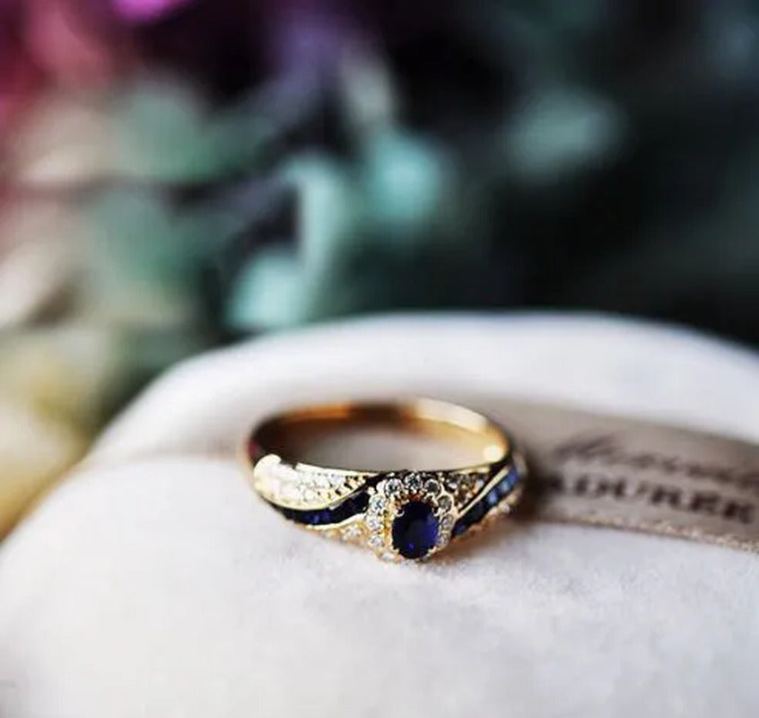 Noble Luxury Woman Fashion Gold Jewelry Natural Blue Sapphire Diamond Ring Anniv
