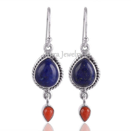 Solid 925 Sterling Silver Earrings for Women, Natural Lapis Lazuli, Coral Earrin