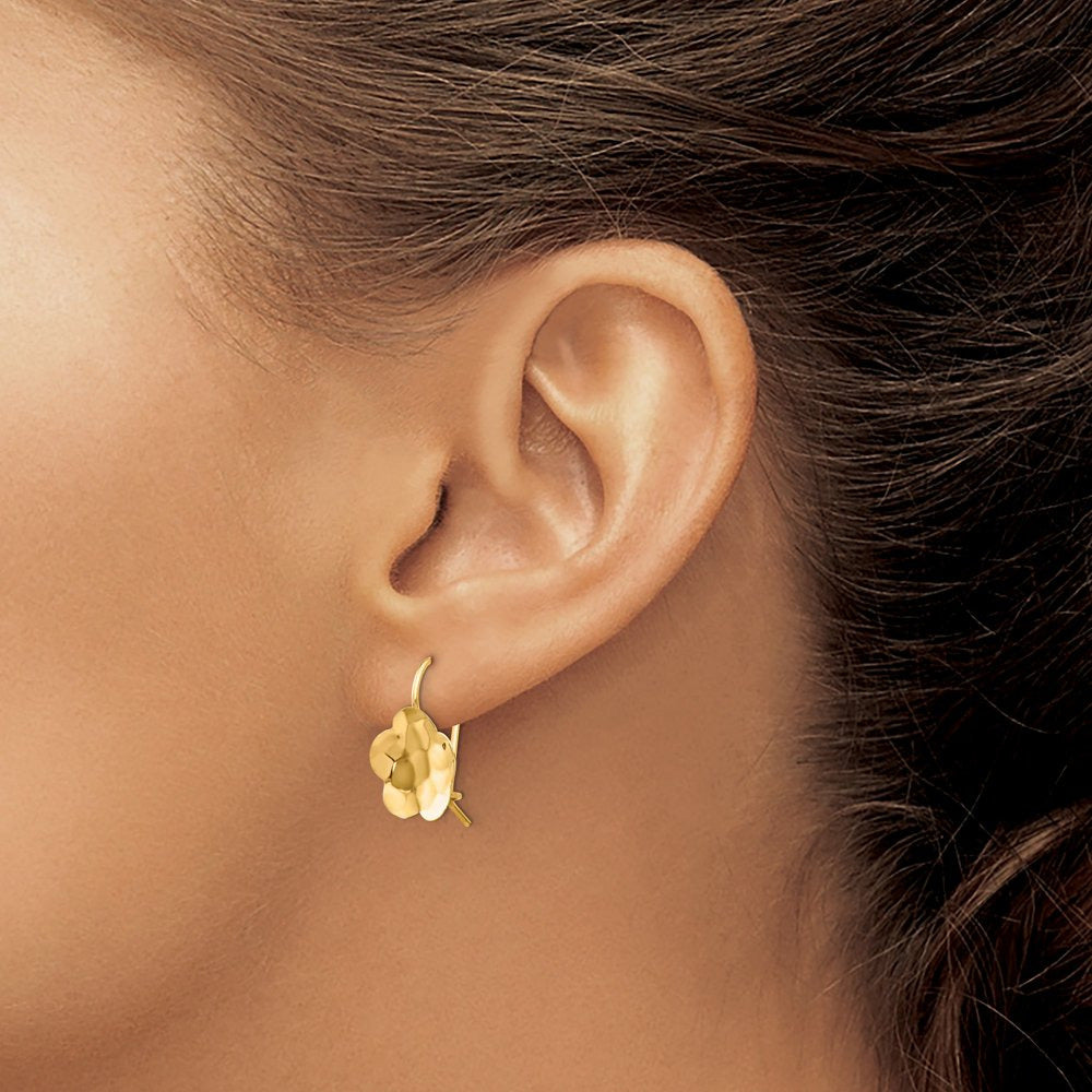 14K Yellow Gold Concave Hammered Flower Disc Earrings 20X13 Mm