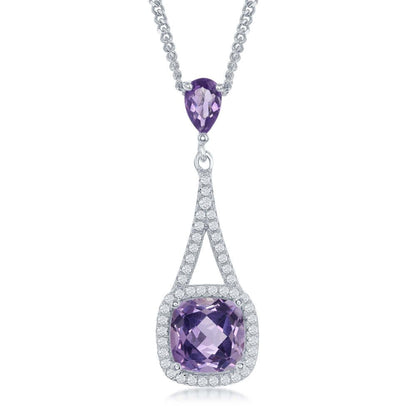 Sterling Silver High Polish Prong-Set Square Amethyst W/ White Topaz Border 17+3