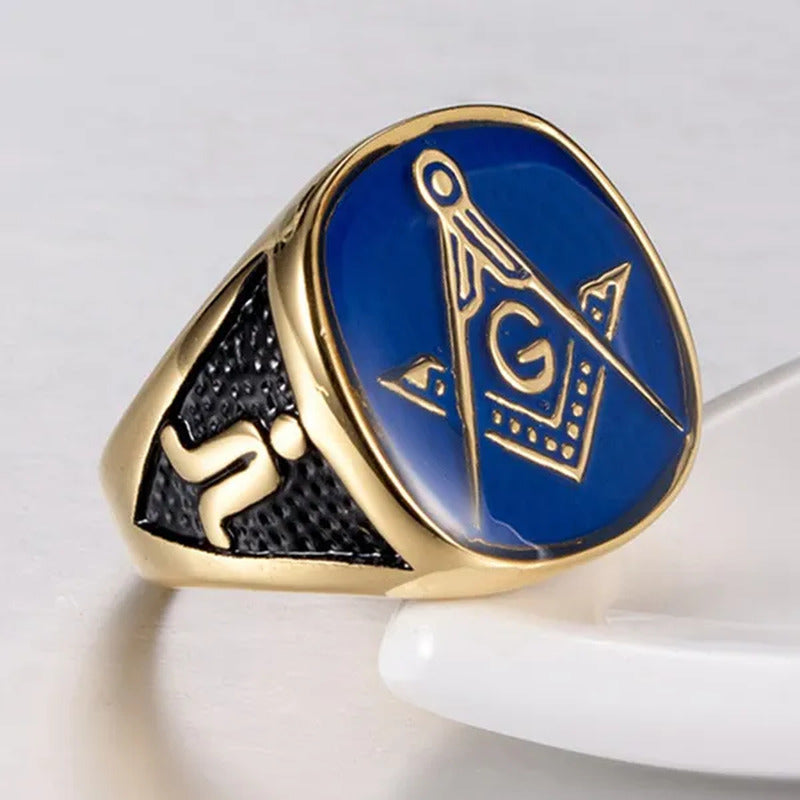 Gold Bluetitanium Steel Freemason Masonic Ring for Men Hip Hop Jewelry Religious