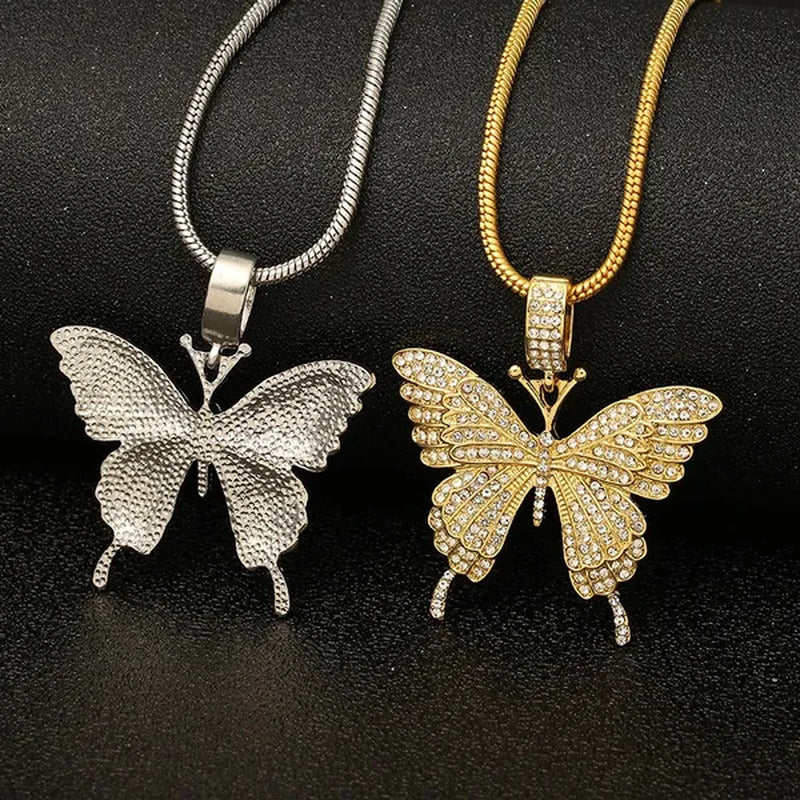 Colorful Butterfly Pendant Necklace Set with Diamond Alloy, Snake Chain, Hip Hop