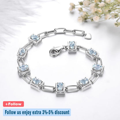 Genuine Aquamarine Solid Silver Bracelet S925 Natural Light Blue Gemstone