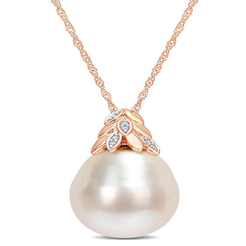 14-14.5Mm South Sea Cultured Freshwater Pearl and Diamond Accent 14Kt Rose Gold