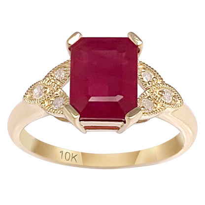 10K Yellow Gold Vintage Style Genuine Emerald-Cut Ruby and Diamond Ring
