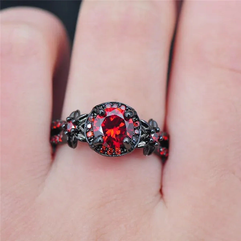 Exquisite Flower Shiny Red Garnet Ring Fashion Jewelry Vintage Black Gold Filled