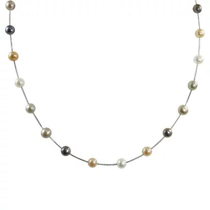 14K White Gold Freshwater Pearl Station Necklace - 17"