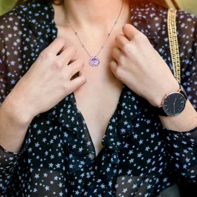 Tanzanite, Rose De France Peridot and Amethyst Station Mosaic Necklace in Sterli