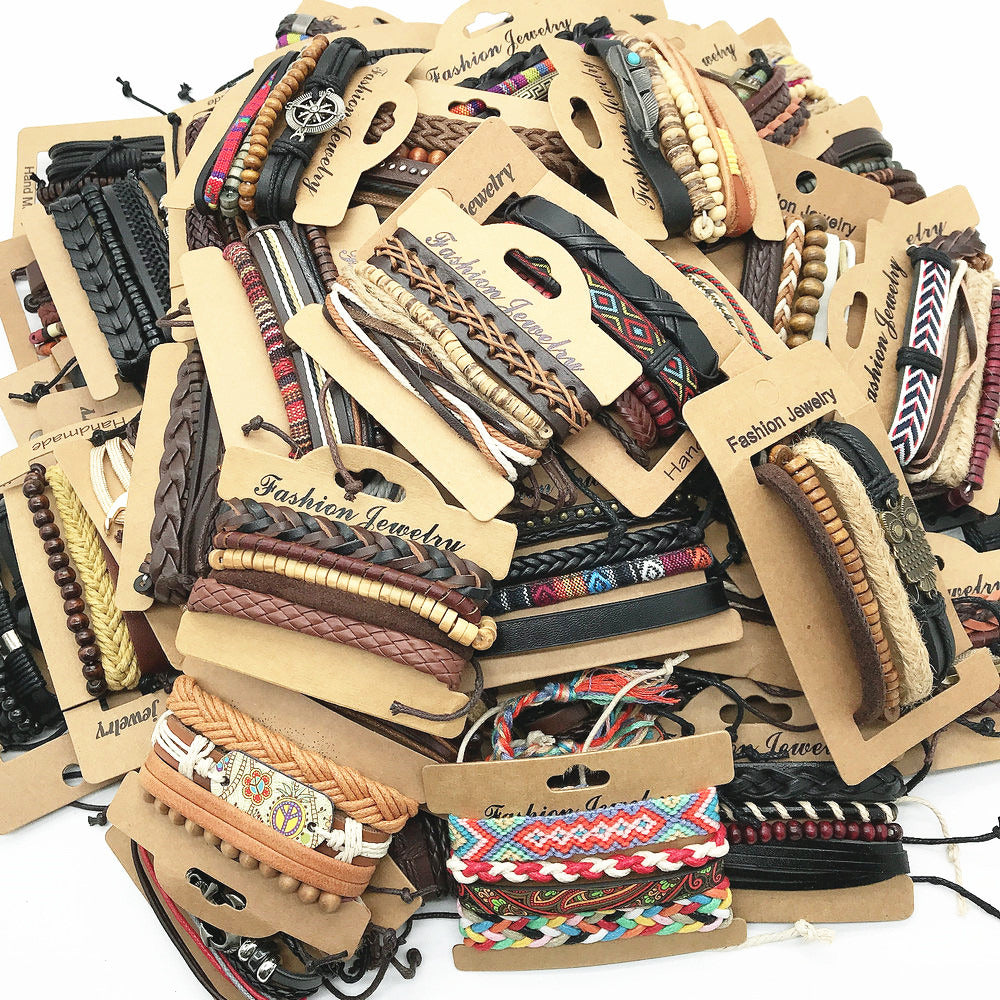 Wholesale 50Sets/Lot Wrap Leather Wood Beads Charm Adjustable Men'S Bracelets