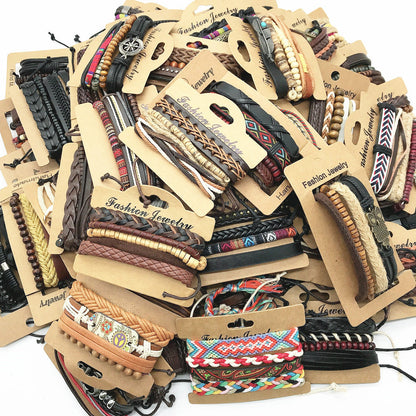 Wholesale 50Sets/Lot Wrap Leather Wood Beads Charm Adjustable Men'S Bracelets
