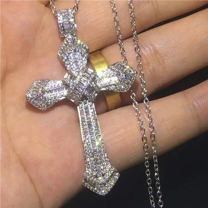 Luxury Big Cross Pendants 5A Zircon Cz Diamond Silver Wedding Pendant with Neckl