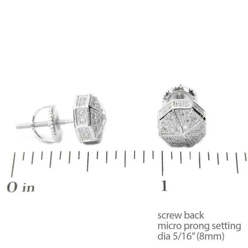 Iced Mirco Pave Lab Diamond CZ Setting Earring Mens Bling Silver Plated Octagon
