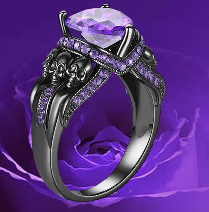 Skull Punk Heart Ring for Women Purple Crystal CZ Rings Black Color Wedding Jewe