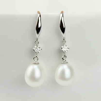 9Mm Cultured Natural Freshwater Drop Pearl Earrings with Sterling Silver Danglin