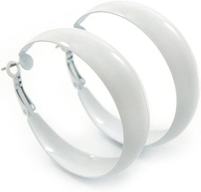 Wide Medium White Enamel Hoop Earrings - 40Mm Diameter