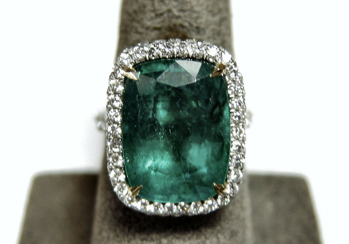 EMERALD CUSHION SHAPE 9.10 CT DIAMOND ROUND BRILLIANT SHAPE RING PLATINUM
