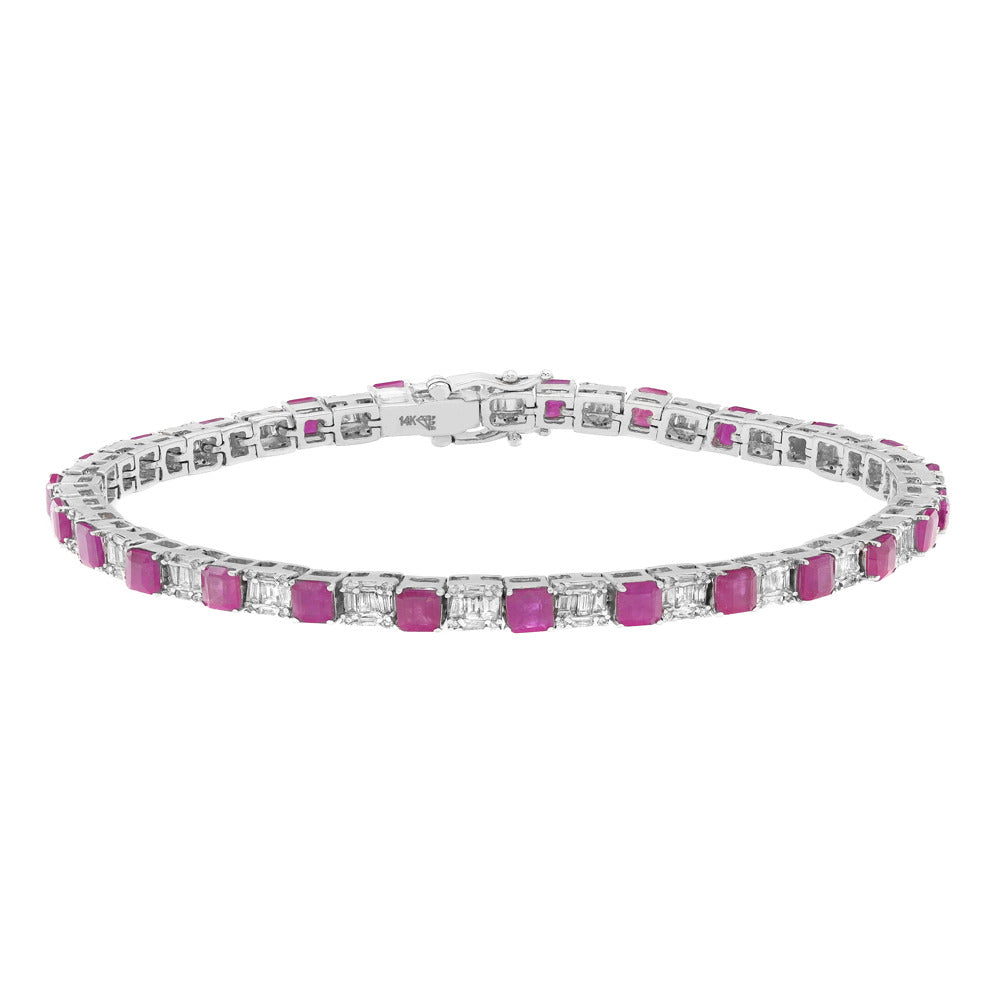 Emerald Cut Ruby and Diamond Tennis Bracelet 14K White Gold 7 Inches