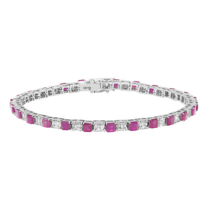 Emerald Cut Ruby and Diamond Tennis Bracelet 14K White Gold 7 Inches