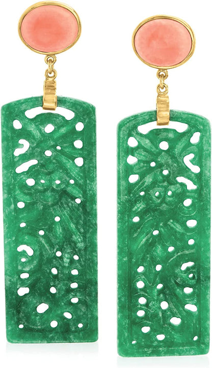 Carved Green Jade and Pink Coral Drop Earrings in 14Kt Gold over Sterling