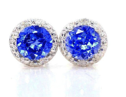 2 Ct Blue Sapphire & Diamond round Stud Earrings 14Kt White Gold