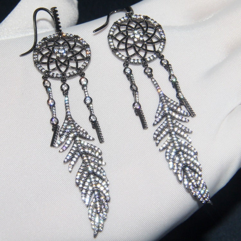 Sterling Silver Earrings Set with Diamonds to Catch Dream Net Feathers